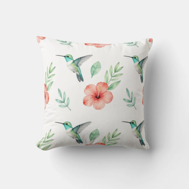 Turkoois Kolibrie Hibiscus Patroon Kussen (Voorkant)
