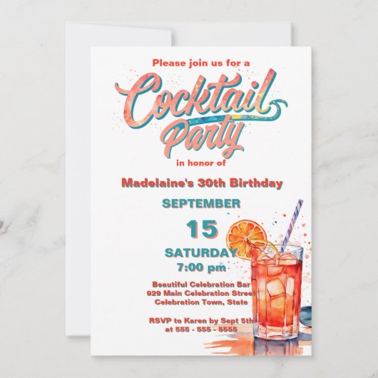 Turkoois & Koraal Verfrissend Waterverf Cocktail F Kaart (Voorkant)