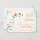 Turkoois Koraal Vogels Bladeren Bruiloft RSVP Antw (Voorkant)