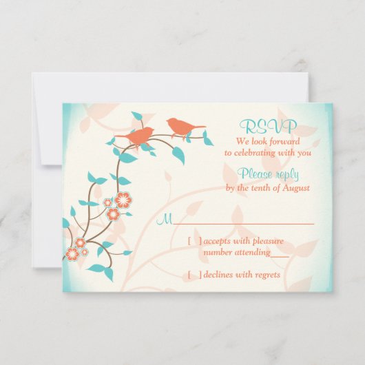 Turkoois Koraal Vogels Bladeren Bruiloft RSVP Antw (Voorkant)