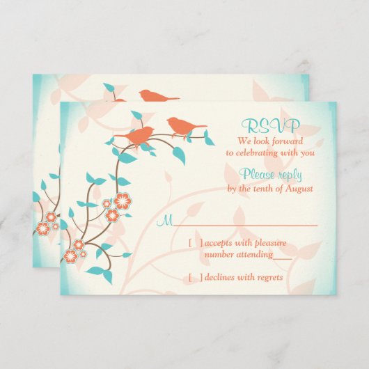 Turkoois Koraal Vogels Bladeren Bruiloft RSVP Antw (Voorkant / Achterkant)