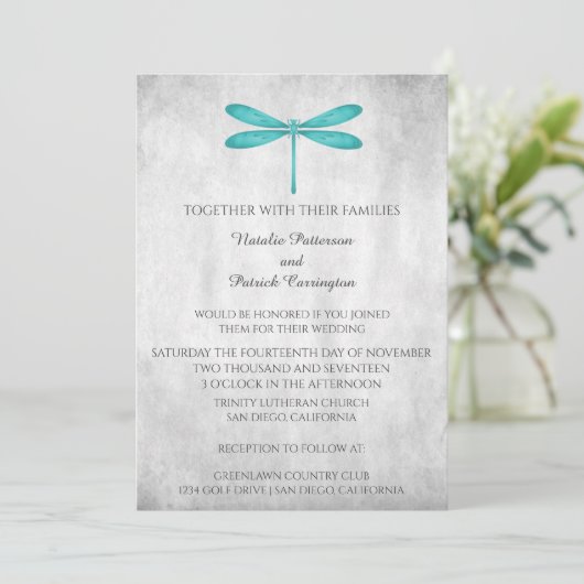 Turkoois Libelle Trouwkaart Uitnodiging (Staand voorkant)