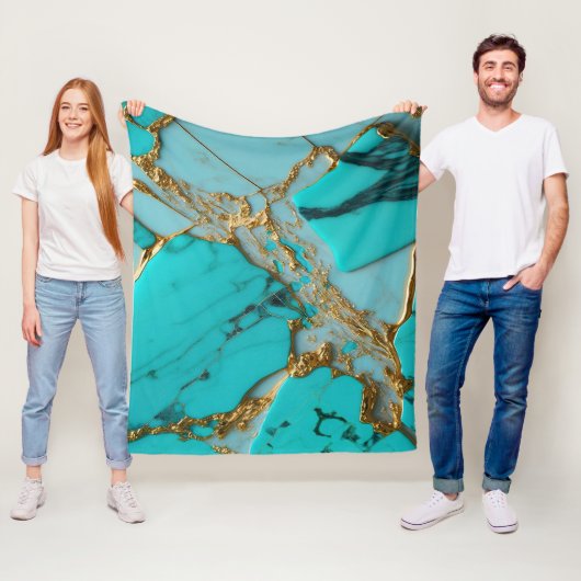 Turkoois Marmer met Gouden Aderen Fleece Deken (In situ)