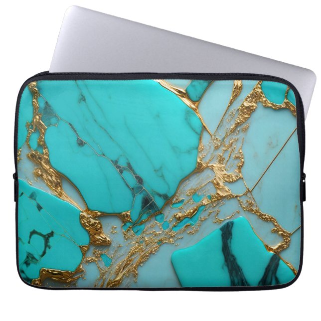 Turkoois Marmer met Gouden Aders Laptop Sleeve (Voorkant)
