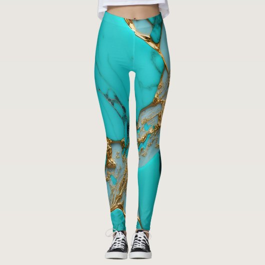 Turkoois Marmer met Gouden Aders Leggings (Voorkant)