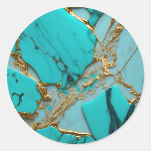 Turkoois Marmer met Gouden Aders Ronde Sticker