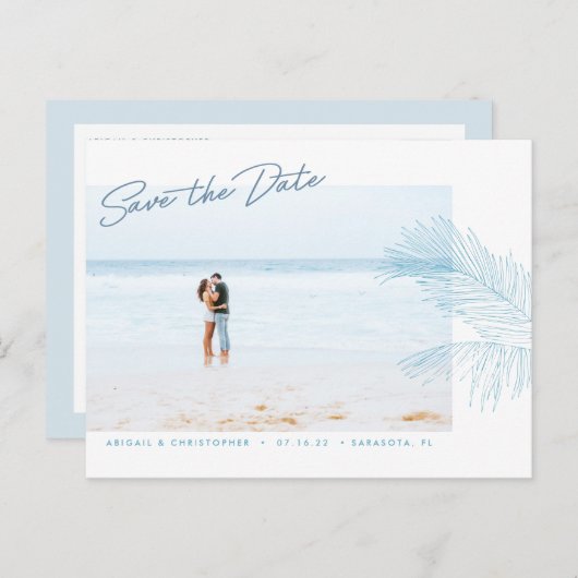 Turkoois met de hand getekende palmbladeren Tropis Aankondigingskaart (Voorkant / Achterkant)