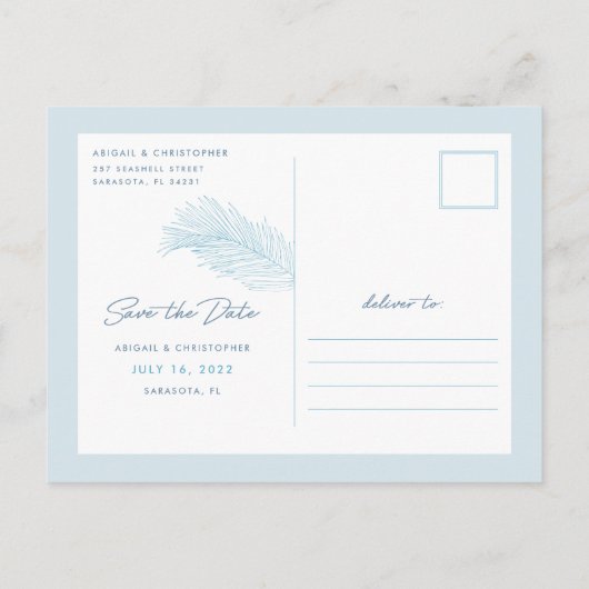 Turkoois met de hand getekende palmbladeren Tropis Aankondigingskaart (Achterkant)