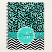 Turkoois Nep Glitter Luipaardprint Monogram Planner (Voorkant)