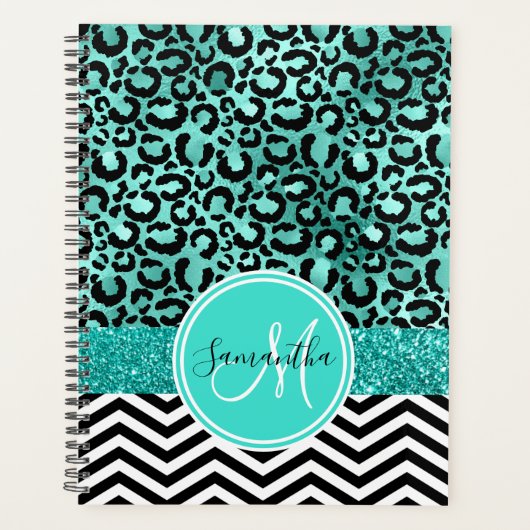 Turkoois Nep Glitter Luipaardprint Monogram Planner (Voorkant)