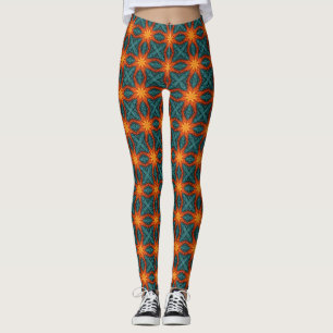 Turkoois Oranje Retro Geometrisch Bloempatroon Leggings