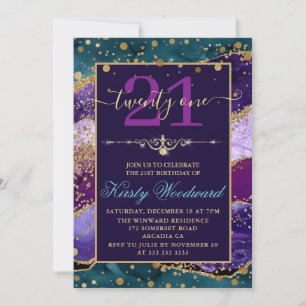 Turkoois & Paars & Nep Goud Glitter Agate Verjaard Kaart