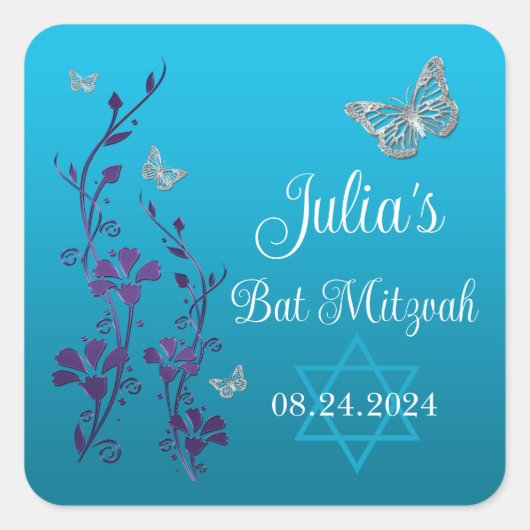 Turkoois, Paarse bloemen, vlinders vleermuis mitsw Vierkante Sticker (Voorkant)