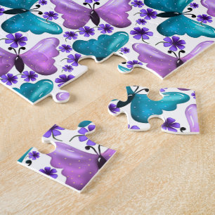 Turkoois paarse vlinder bloempatroon  legpuzzel