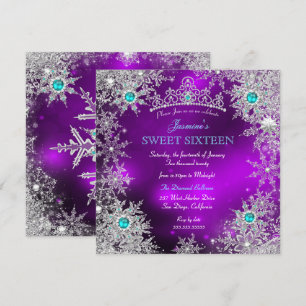 Turkoois Paarse Winter Wonderland Sweet 16 Sneeuwv Kaart