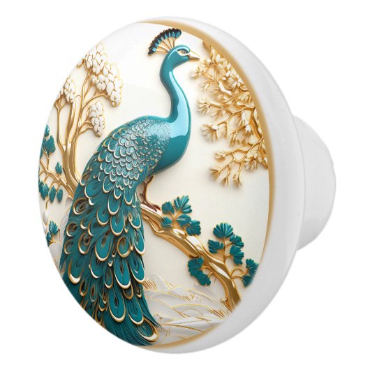 Turkoois Pauwen Oog Gouden Tak Witte Bloemen Keramische Knop (Rechts)