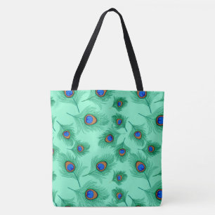 Turkoois pauwenveren op licht aqua tote bag