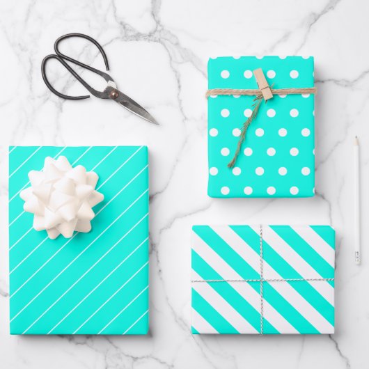 Turkoois polka stippen en strepen inpakpapier vel (Voorkant)