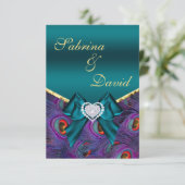 Turkoois pruim pauw receptiekaart RSVP kaartje (Staand voorkant)