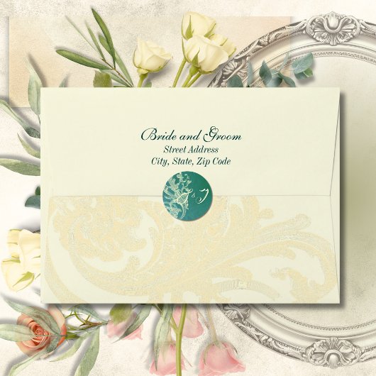 Turkoois Rococo Rol met Elegant Monogram Ronde Sticker