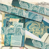 Turkoois rococo rolwerk met elegant monogram uitnodigingen wikkel
