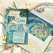 Turkoois rococo rolwerk met elegant monogram uitnodigingen wikkel