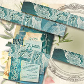 Turkoois rococo rolwerk met elegant monogram uitnodigingen wikkel