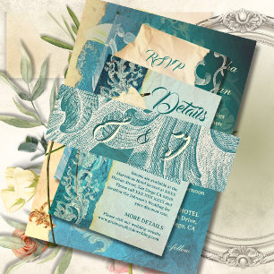 Turkoois rococo rolwerk met elegant monogram uitnodigingen wikkel