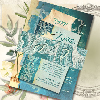 Turkoois rococo rolwerk met elegant monogram uitnodigingen wikkel