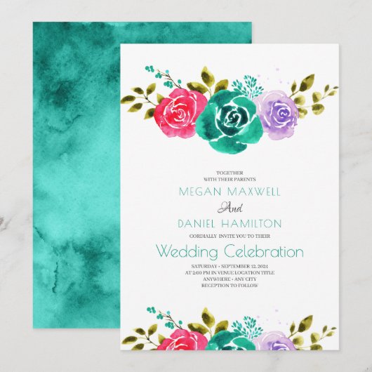 Turkoois Rode Paarse Rozen Bloemachtige Trouwdag Kaart (Voorkant / Achterkant)
