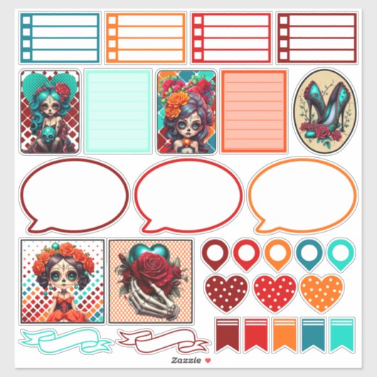 Turkoois Rode Rozen Suiker Schedels Set 1 Planner  Sticker (Vel)
