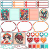 Turkoois Rode Rozen Suiker Schedels Set 1 Planner  Sticker (Voorkant)