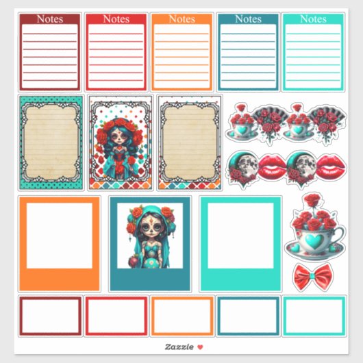 Turkoois Rode Rozen Suiker Schedels Set 2 Planner Sticker (Vel)