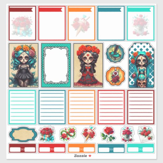 Turkoois Rode Rozen Suiker Schedels Set 4 Planner Sticker (Vel)
