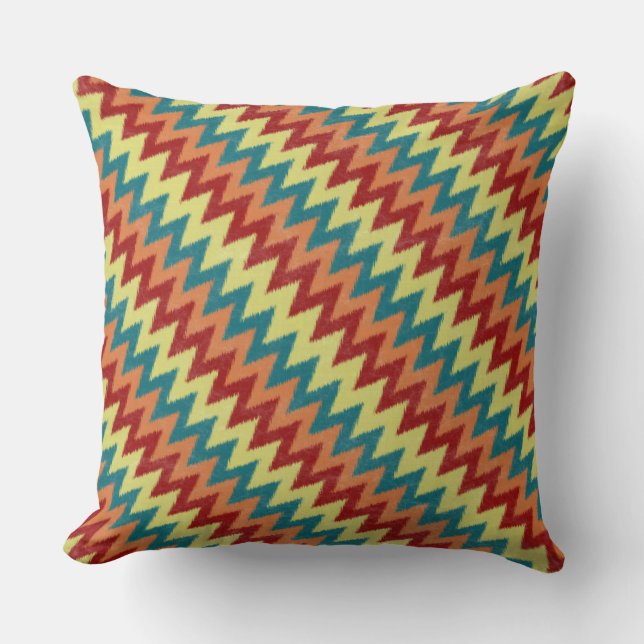 Turkoois, rood, sinaasappel en geel zigzag kussen (Voorkant)