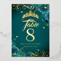 Turkoois Roos Wervel Quinceanera Gouden Tafelnumme