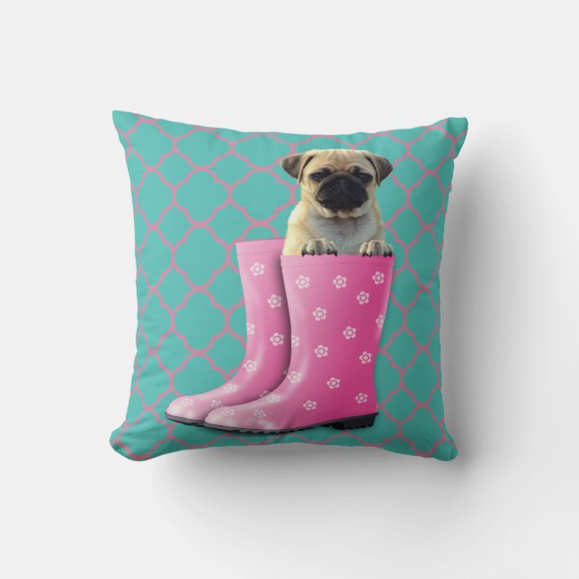 Turkoois Roze Huis Decor PUG Kussen (Voorkant)