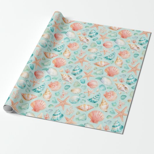 Turkoois schelp zeester waterverf strand cadeau cadeaupapier (Uitgerold)