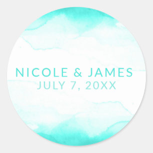 Turkoois Strand Aqua Blauwe Waterverf Moderne Trou Ronde Sticker