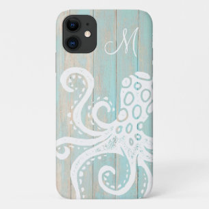 Turkoois strand houten octopus monogram met distre Case-Mate iPhone case