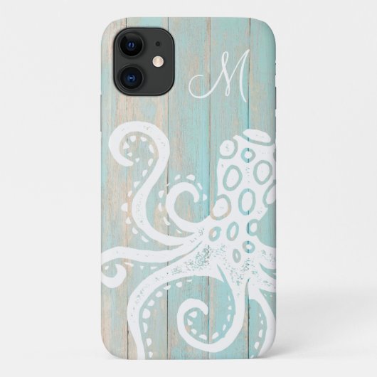 Turkoois strand houten octopus monogram met distre Case-Mate iPhone case (Achterkant)