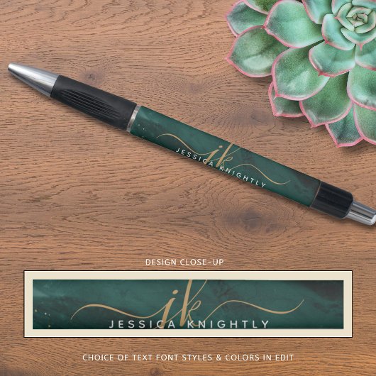 Turkoois Teal Agate Goud Glitter Schrift Monogram Pen