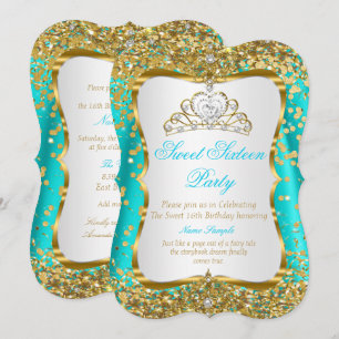 Turkoois Tiara Prinses Sweet 16 Goud Witte Uitnodi Kaart