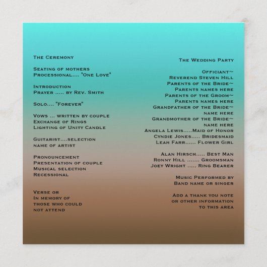 Turkoois tot bruin Tropisch Trouwprogramma Programmakaart (Achterkant)
