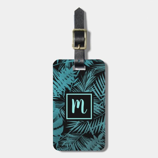Turkoois tropisch palmblad monogram modern chic bagagelabel (Voorkant verticaal)
