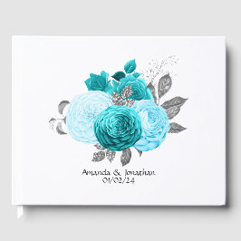 Turkoois - Turquoise en Zilveren Bloemen Bruiloft Gastenboek
