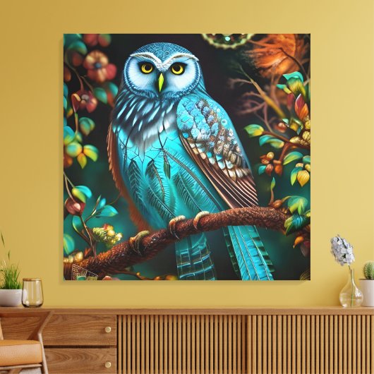 Turkoois uil canvas afdruk (Insitu (Woonkamer))