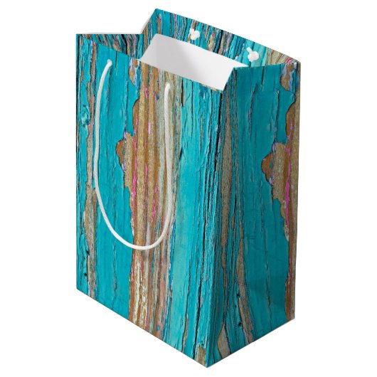 Turkoois verf op verweerd hout medium cadeauzakje (Achterkant Gekanteld)