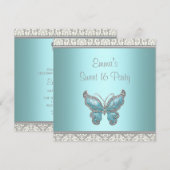 Turkoois Vlinder Damask Sweet 16 Feest Kaart (Voorkant / Achterkant)