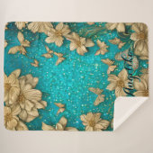 Turkoois Vlinders Nep Goud Glitter Aangepaste Naam Sherpa Deken (Voorkant (horizontaal))